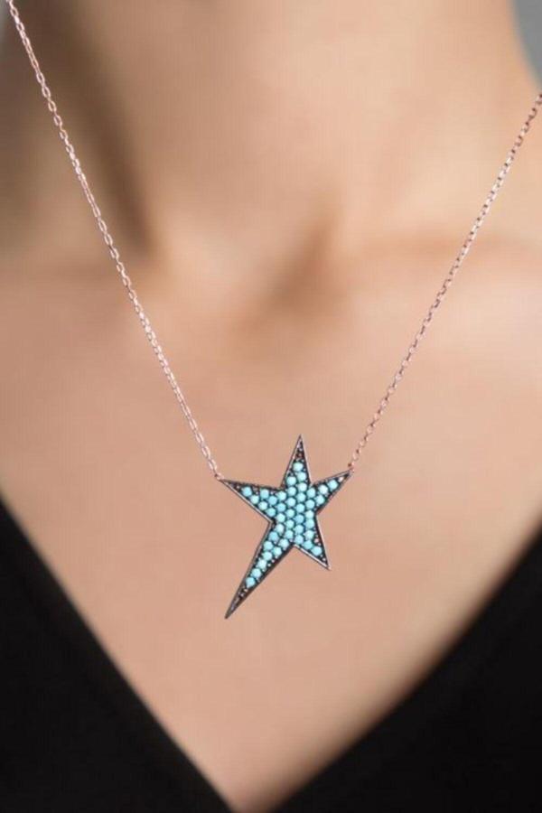Kadın Mavi Taşlı Yıldız Model Rose Kaplama 925 Ayar Gümüş Kolye - Image 1