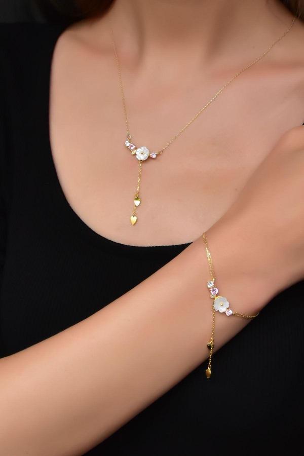 925 Ayar Gümüş Gold Kaplama Zincir Sallantılı Taşlı Sedef Manolya Çiçeği Kolye Ve Bileklik Set - Image 1