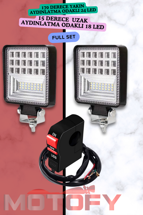 42 LED COMBO AYDINLATMA MOTOSİKLET SİS FARI TAKIMI + USB'Lİ BUTON - Image 1