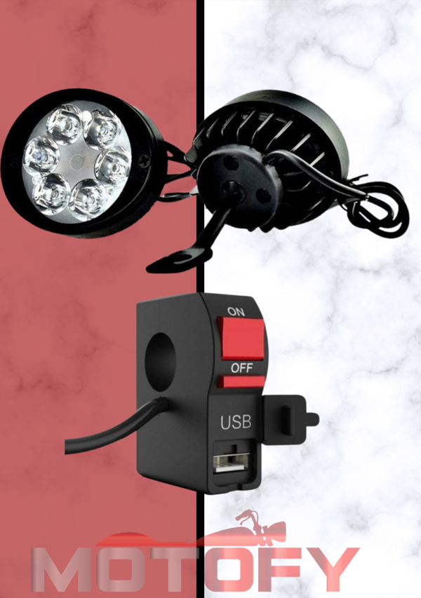6 LEDLİ AYNA BAĞLANTILI AÇI AYARLI ULTRA GÜÇLÜ MOTOSİKLET SİS FARI VE GÜNDÜZ LEDİ + USB ŞARJ BAĞLANTILI AÇ KAPA BUTONU FULL SET - Image 1