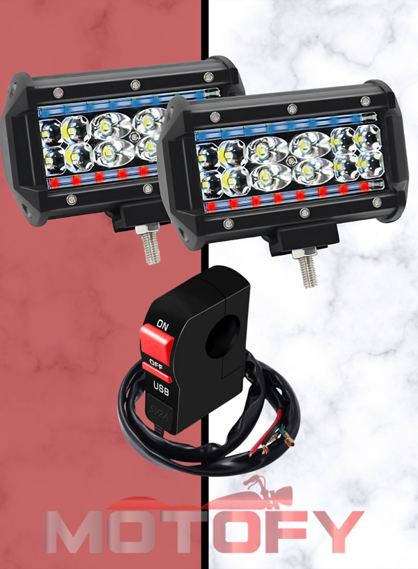HÜGEL 84W MOTOSİKLET LED SİS FARI TAKIMI KIRMIZI MAVİ BEYAZ ÇAKARSIZ VE USBLİ AÇ KAPA BUTONU SETİ  - Image 1