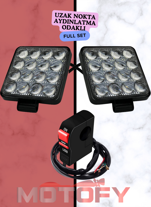 UZAK AYDINLATMA ODAKLI MERCEKLİ 16 LEDLİ MOTOSİKLET SİS FARI TAKIMI + USB'Lİ BUTON 48+48 - 96 WATT - Image 1