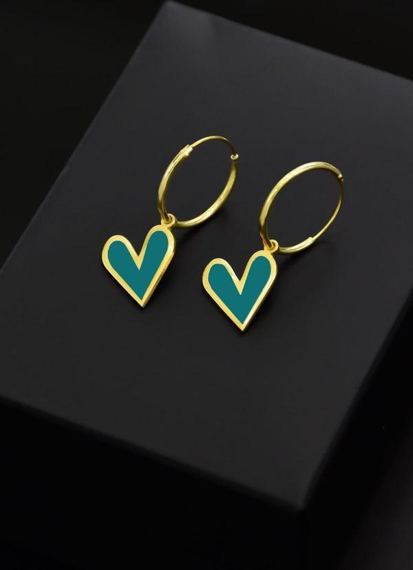 925 Ayar Gümüş Altın Kaplama Petrol Yeşili Mineli Kalp Halka Küpe - Image 1