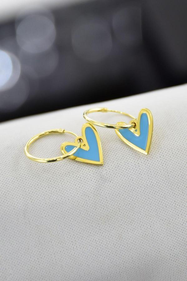 925 Ayar Gümüş Altın Kaplama Açık Mavi Mineli Kalp Halka Küpe - Image 1