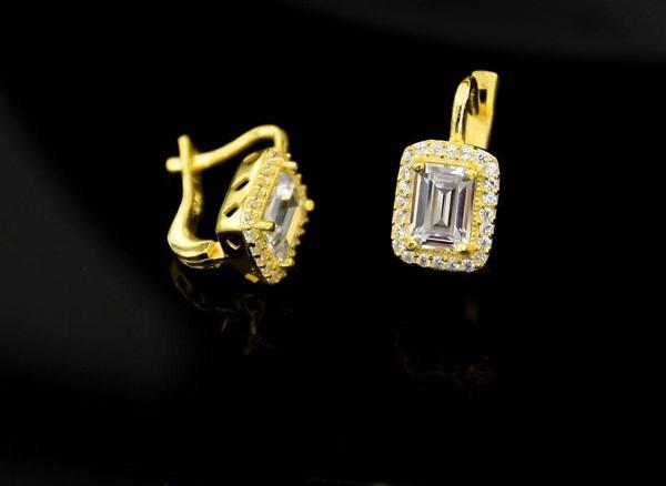 925 Ayar Gümüş Altın Kaplama Baget Taşlı Küpe - Image 1