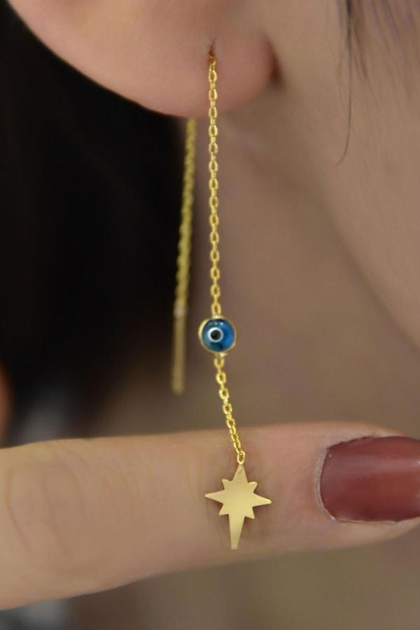 925 Ayar Gümüş Altın Kaplama Cam Göz Kutup Yıldızı Zincir Küpe Çift - Image 1