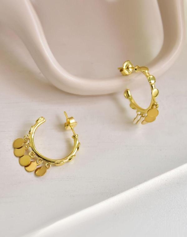 925 Ayar Gümüş Gold Kaplama Yuvarlak Pullu Sallantılı Shakira Tasarım Halka Küpe - Image 1