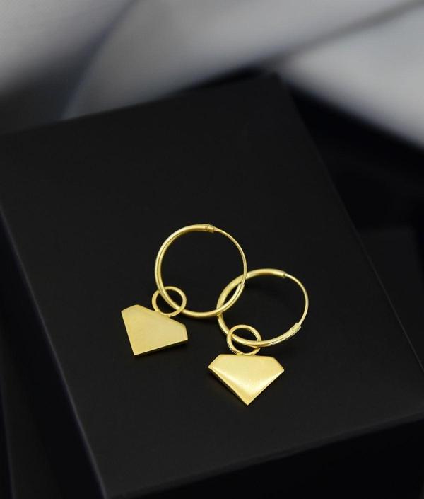 925 Ayar Gümüş Altın Kaplama Elmas Model Halka Küpe - Image 1