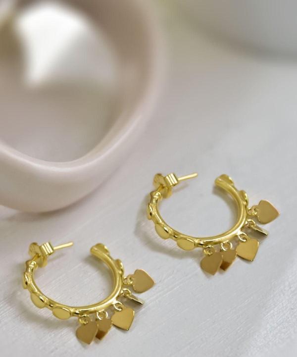 925 Ayar Gümüş Gold Kaplama Kalp Pullu Sallantılı Shakira Tasarım Halka Küpe - Image 1