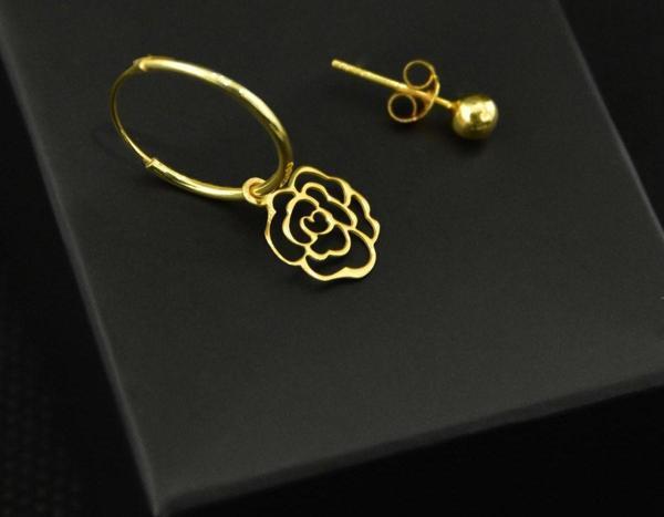 925 Ayar Gümüş Altın Kaplama Gül Figürlü Halka Ve Top Küpe - Image 1