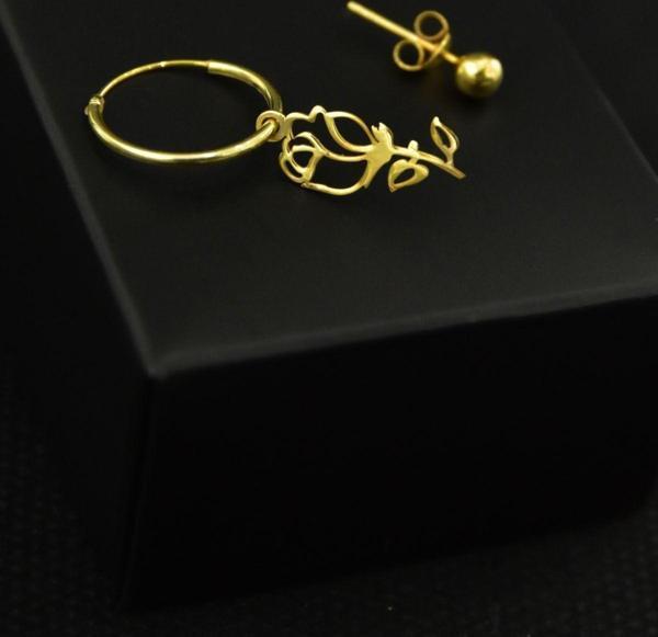 925 Ayar Gümüş Altın Kaplama Gül Figürlü Halka Ve Top Küpe - Image 1