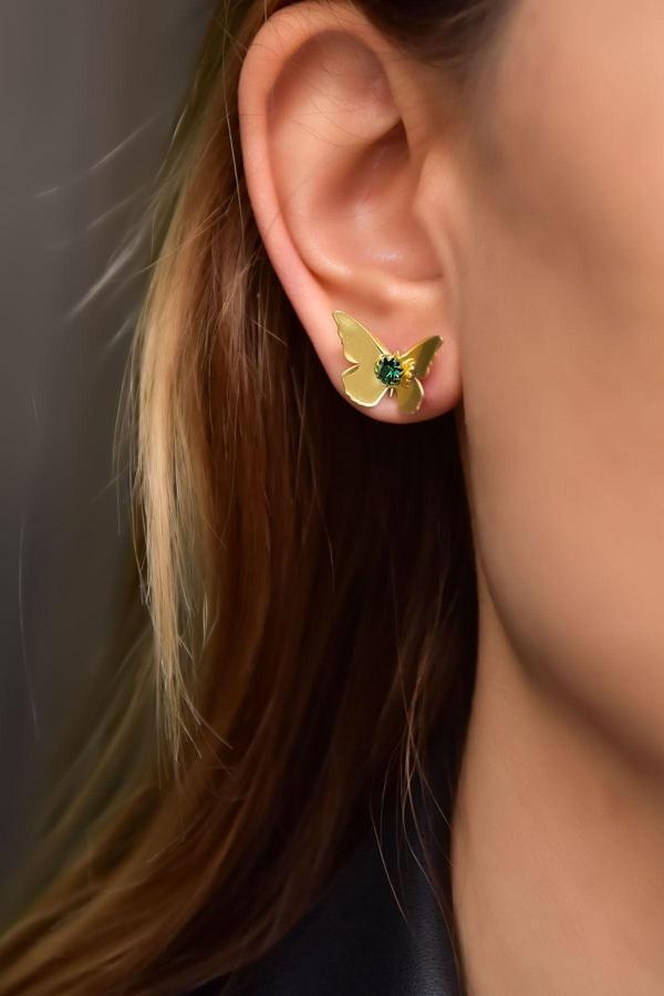 925 Ayar Gümüş Gold Kaplama Mayıs Ayı Doğum Taşlı Kelebek Küpe - Image 1