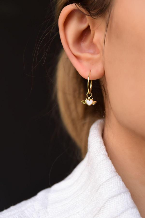 925 Ayar Gümüş Gold Kaplama Mineli Kalpli Kanat Halka Küpe - Image 1