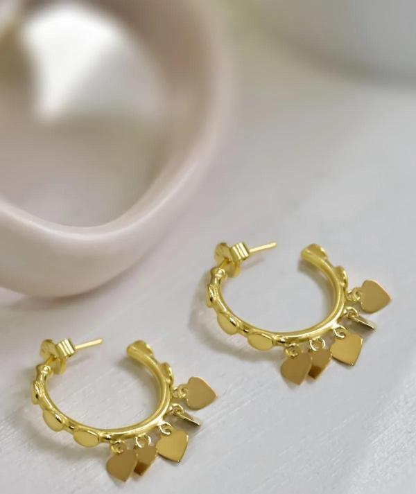 925 Ayar Gümüş Altın Kaplama Kalp Pullu Sallantılı Shakira Tasarım Halka Küpe - Image 1