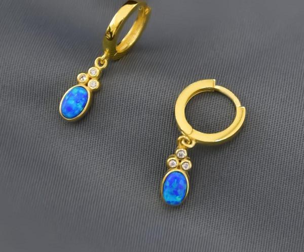 925 Ayar Gümüş Gold Kaplama Opal Oval Halka Küpe - Image 1