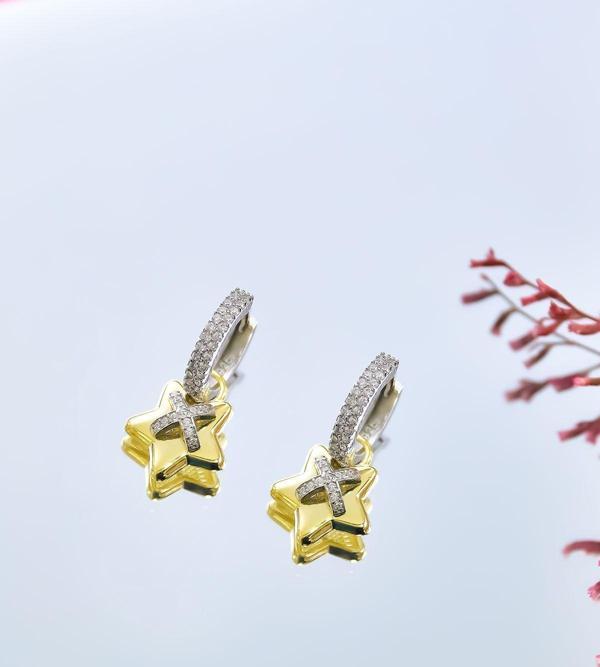 925 Ayar Gümüş Gold-rodyum Kaplama Zirkon Taşlı Tasarım Yıldız , X Halka Küpe - Image 1