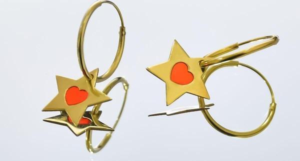 925 Ayar Gümüş Gold Kaplama Rüya Serisi Tasarım Ebruli Cam Boya Mineli Yıldız Kalpli Halka Küpe - Image 1