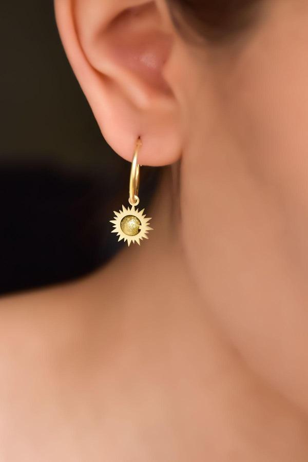 925 Ayar Gümüş Gold Kaplama Sim Toplu Güneş Halka Küpe - Image 1