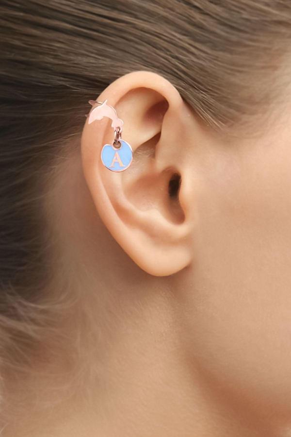 925 Ayar Gümüş Rose Kaplama Mineli A Harf Yunus Balığı Kıkırdak Küpe - Image 1