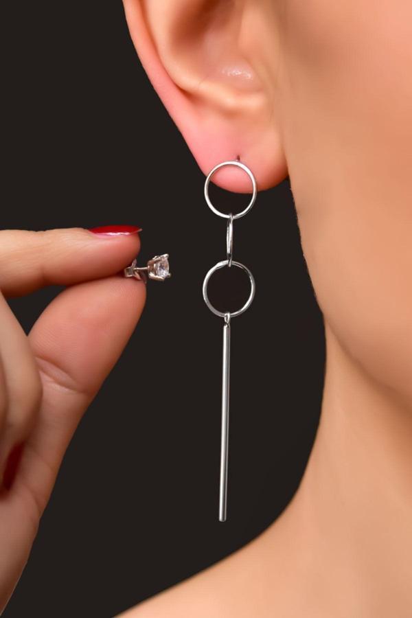 925 Ayar Gümüş Rodyum Kaplama Üç Halka Çubuk Ve Tektaş Küpe - Image 1