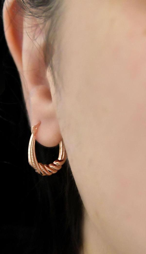 925 Ayar Gümüş Rose Kaplama Elips Burgu Halka Küpe - Image 1