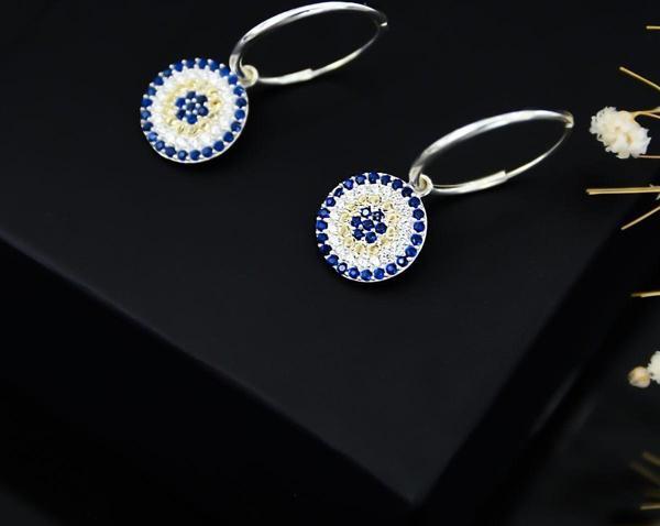 925 Ayar Gümüş Rodyum Kaplama Küçük Boy Nazar Halka Kadın Küpe Uvpts300016-1 - Image 1