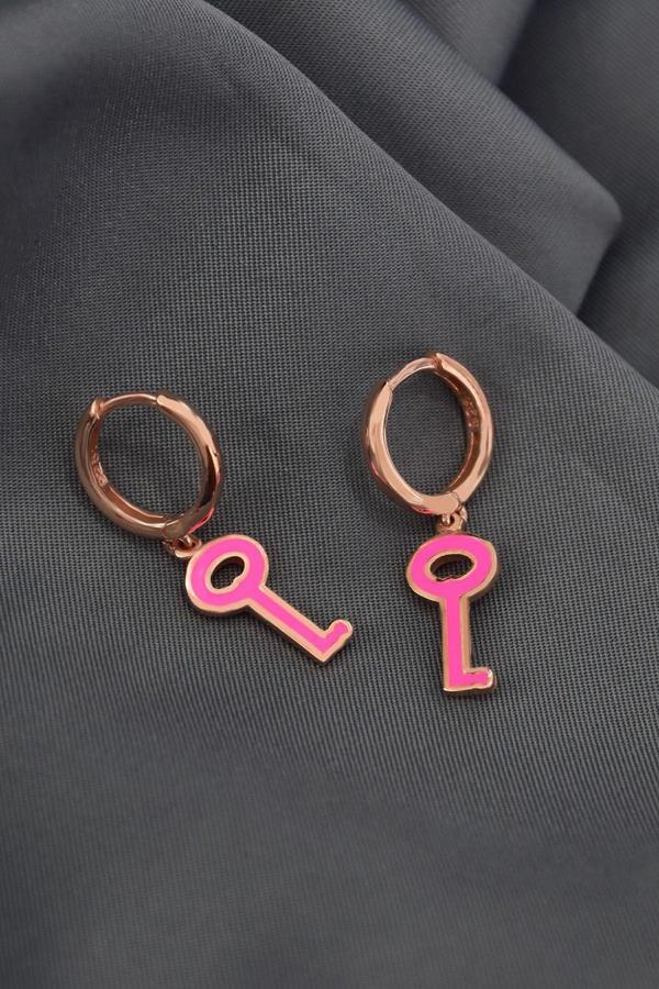 925 Ayar Gümüş Rose Kaplama Pembe Mineli Anahtar Halka Küpe - Image 1
