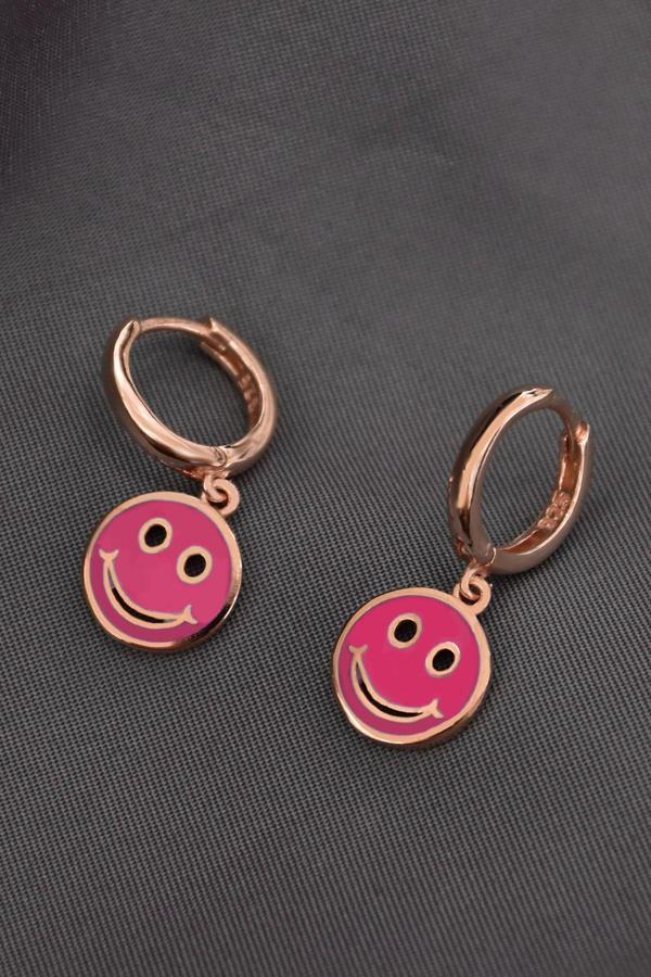 925 Ayar Gümüş Rose Kaplama Pembe Mineli Smile Halka Küpe - Image 1
