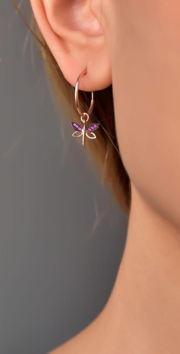 925 Ayar Gümüş Rose Kaplama Pembe Taşlı Yusufçuk Halka Küpe - Image 1