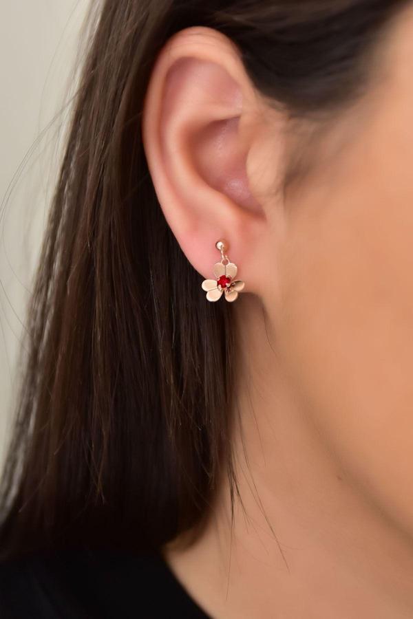 925 Ayar Gümüş Rose Kaplama Kırmızı Taşlı Frezya Çiçeği Küpe - Image 1