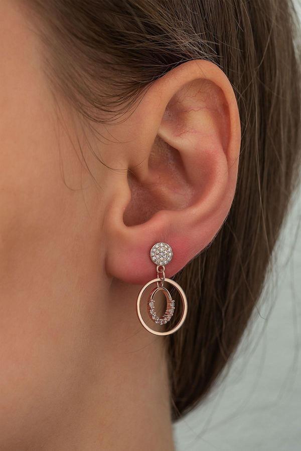 925 Ayar Rose Kaplama Çift Halka Taşlı Sallantılı Gümüş Küpe - Image 1