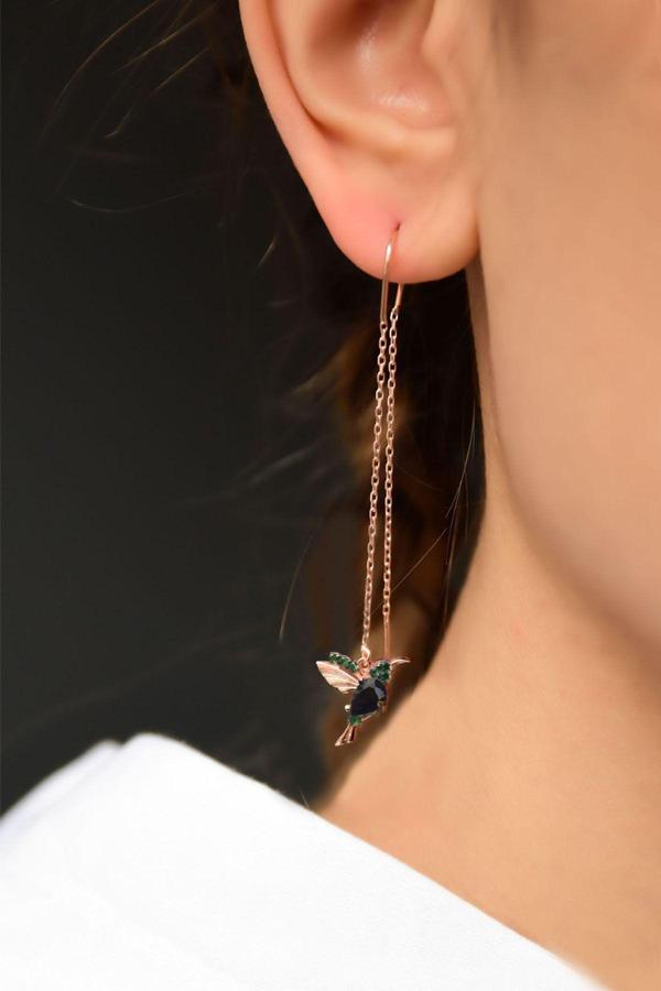 925 Ayar Gümüş Rose Kaplama Siyah Yeşil Taşlı Zincir Kuş Küpe - Image 1