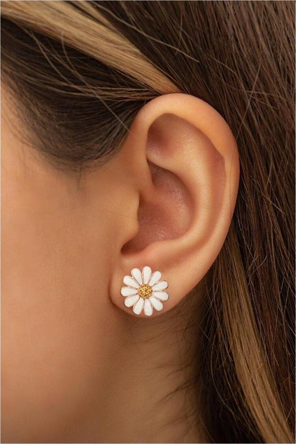 925 Ayar Sarı Nano Zirkon Taşlı Gümüş Papatya Kadın Küpe - Image 1