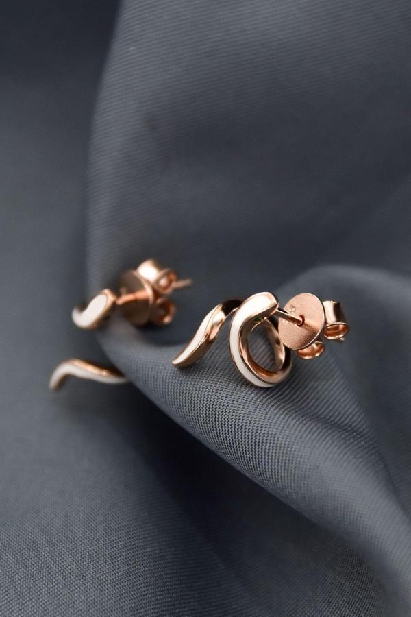 925 Ayar Gümüş Rose Kaplama Zirkon Taşlı Yeşil Gözlü Beyaz Mineli Yılan Küpe - Image 1