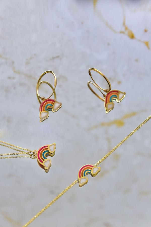 925 Ayar Gümüş Gold Kaplama Parlayan Rüya Serisi Mineli Gökkuşağı Kolye, Bileklik Ve Küpe Set - Image 1
