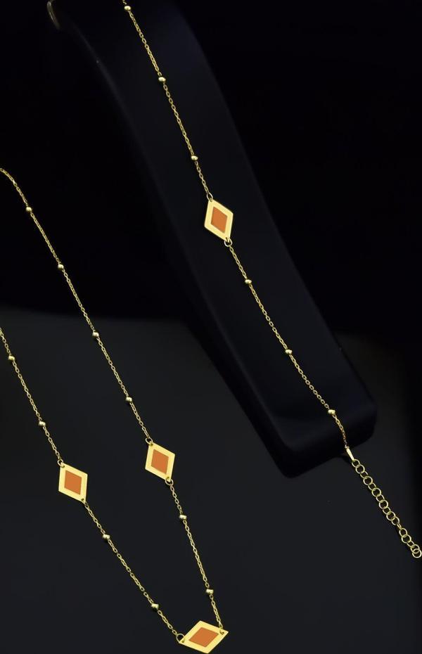 925 Ayar Gümüş Gold Kaplama Rüya Serisi Ebruli Cam Boyalı Dörtgen Kolye, Bileklik Ve Küpe Set - Image 1