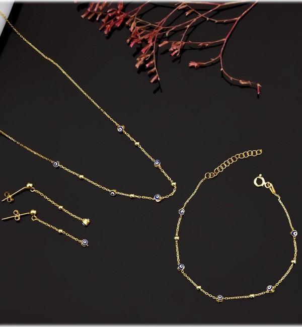 925 Ayar Gümüş Gold Kaplama Top Zincir Sallantılı Nazar Göz Kolye, Bileklik Ve Küpe Set - Image 1