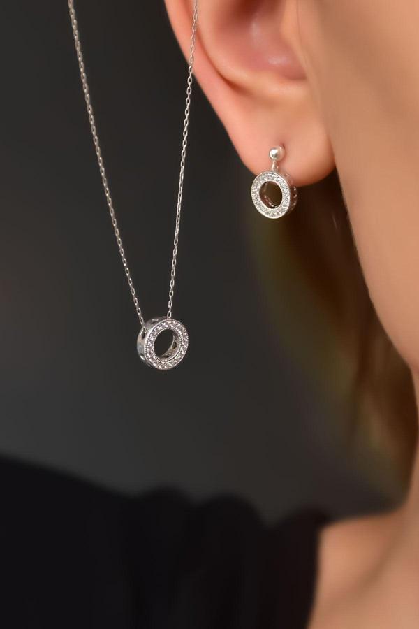 925 Ayar Gümüş Rodyum Kaplama Yuvarlak Kolye Ve Küpe Set - Image 1