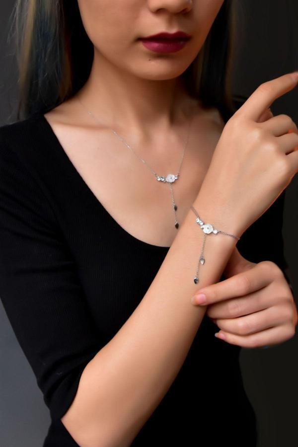 925 Ayar Gümüş Rodyum Kaplama Zincir Sallantılı Beyaz Taşlı Sedef Manolya Çiçeği Kolye-bileklik Set - Image 1