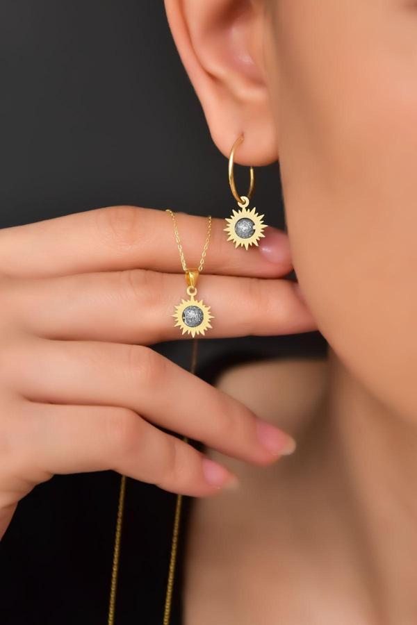 925 Ayar Gümüş Rodyum-gold Kaplama Sim Toplu Kesim Güneş Kolye Ve Küpe Set - Image 1