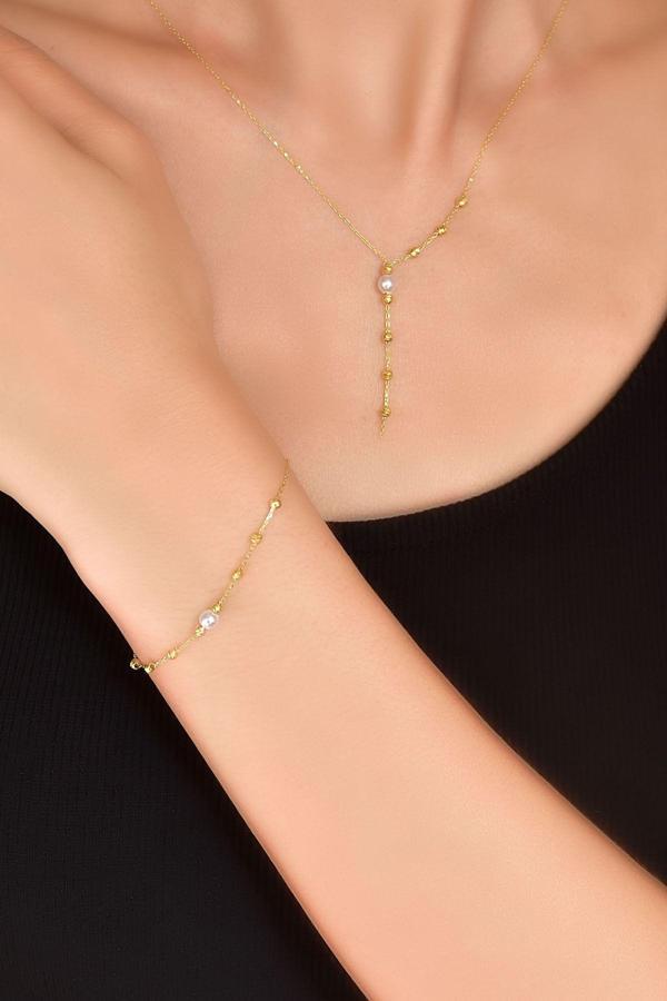 925 Ayar Gold Kaplama Dorika Toplu Incili Kolye Bileklik Set - Image 1