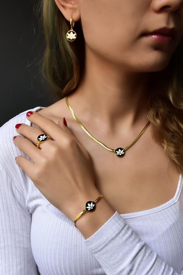 925 Ayar Gold Kaplama Mineli Lotus Çiçeği Kolye-bileklik-yüzük-küpe Set - Image 1