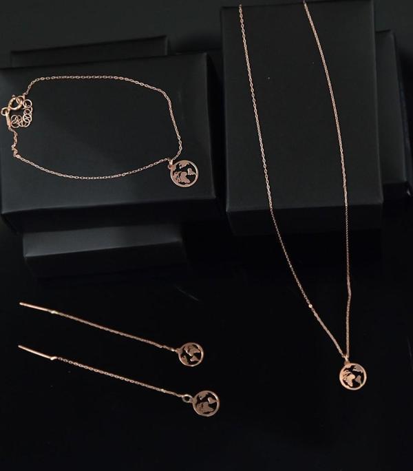 925 Ayar Gümüş Rose Kaplama Dünya Kolye Küpe Bileklik Set - Image 1