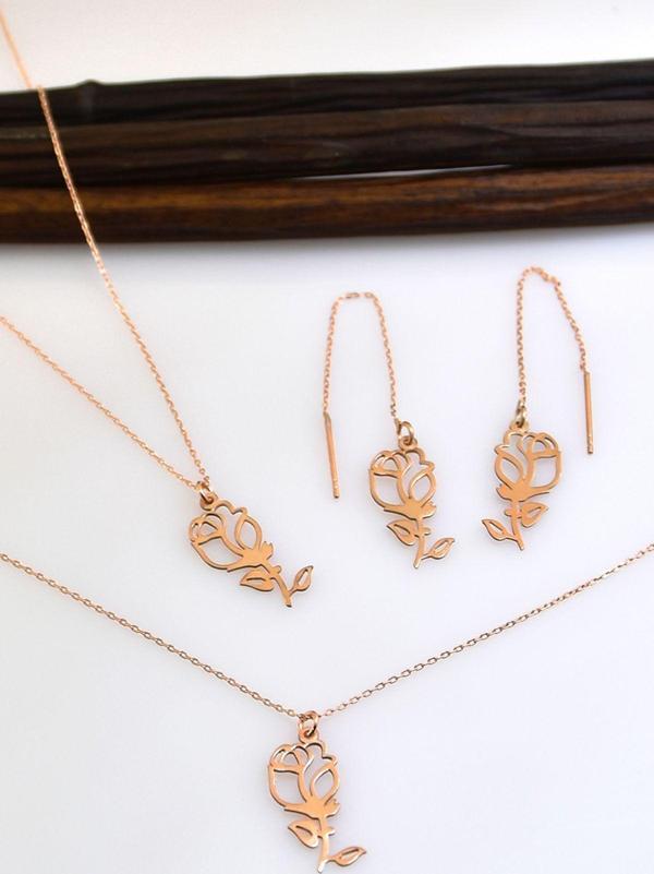 925 Ayar Gümüş Rose Kaplama Gül Kolye Küpe Bileklik Set - Image 1