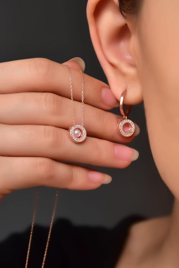 925 Ayar Gümüş Rose Kaplama Incılı Yuvarlak Kolye Ve Küpe Set - Image 1