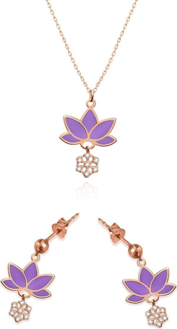 925 Ayar Gümüş Rose Kaplama Parlayan Rüya Serisi Tasarım Ebruli Mor Cam Boyalı Lotus Set - Image 1