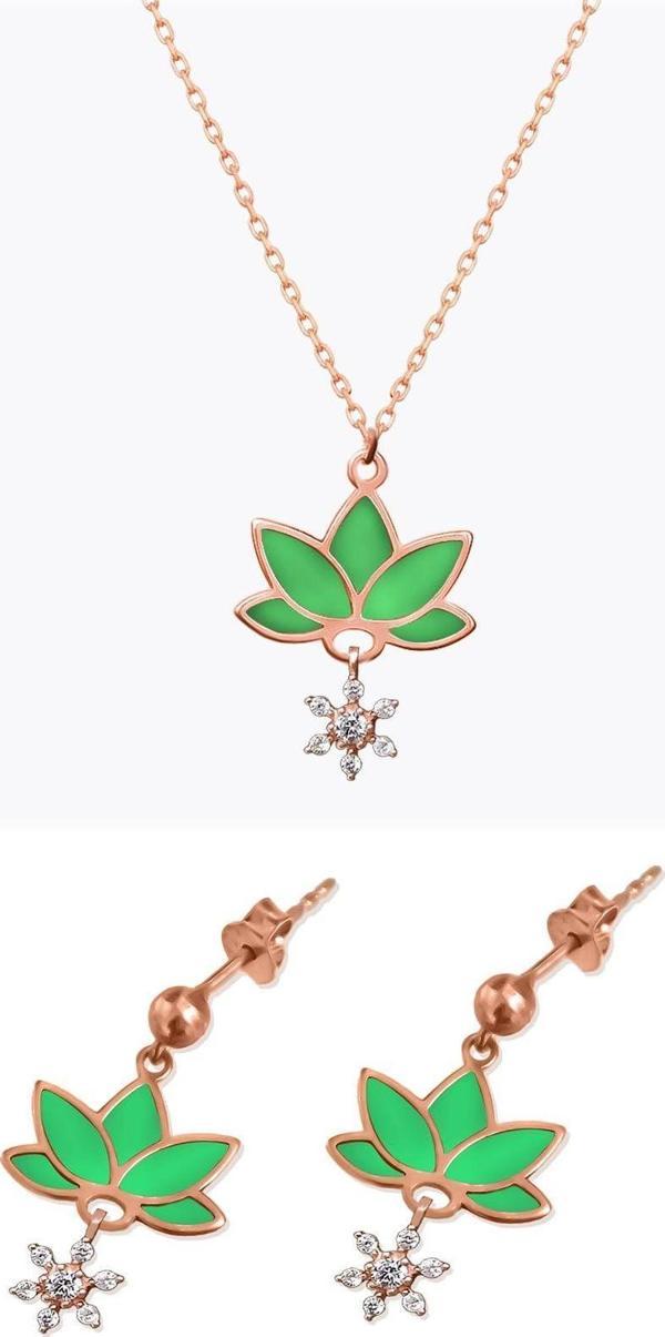 925 Ayar Gümüş Rose Kaplama Parlayan Rüya Serisi Tasarım Ebruli Yeşil Cam Boyalı Lotus Set - Image 1
