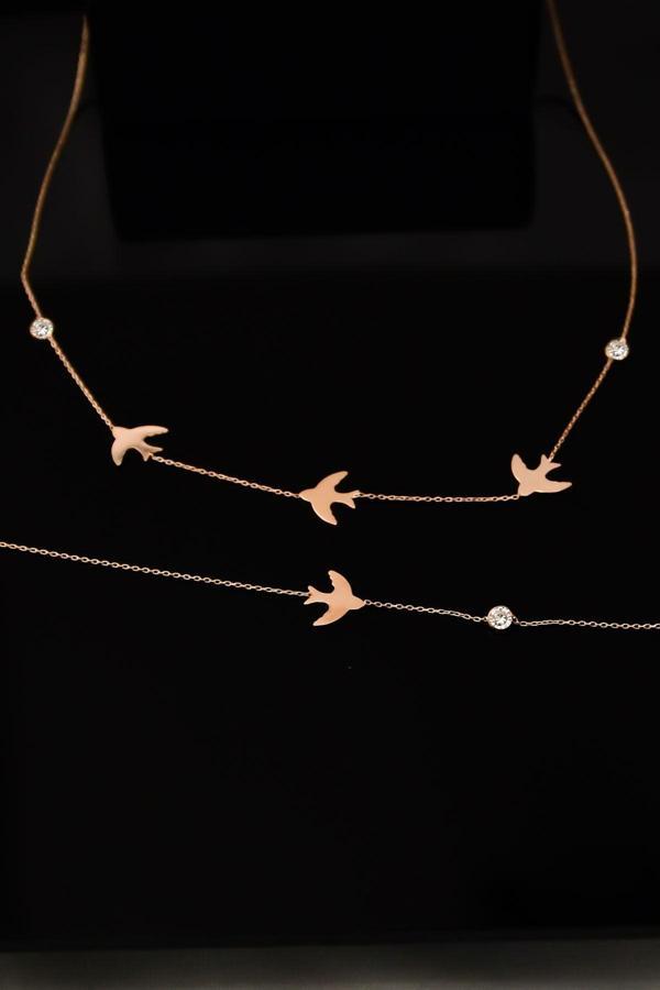 925 Ayar Gümüş Rose Kaplama Taşlı Kırlangıç Kolye Bileklik Set - Image 1