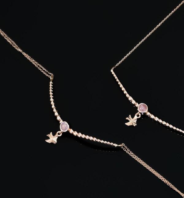 925 Ayar Gümüş Rose Kaplama Top Motifli Pembe Ay Taşı Kırlangıç Kolye Ve Bileklik Set - Image 1