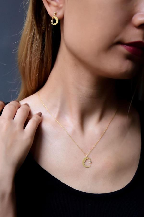 925 Ayar Gümüş Gold Atatürk Silüeti Kolye Ve Küpe Takım - Image 1
